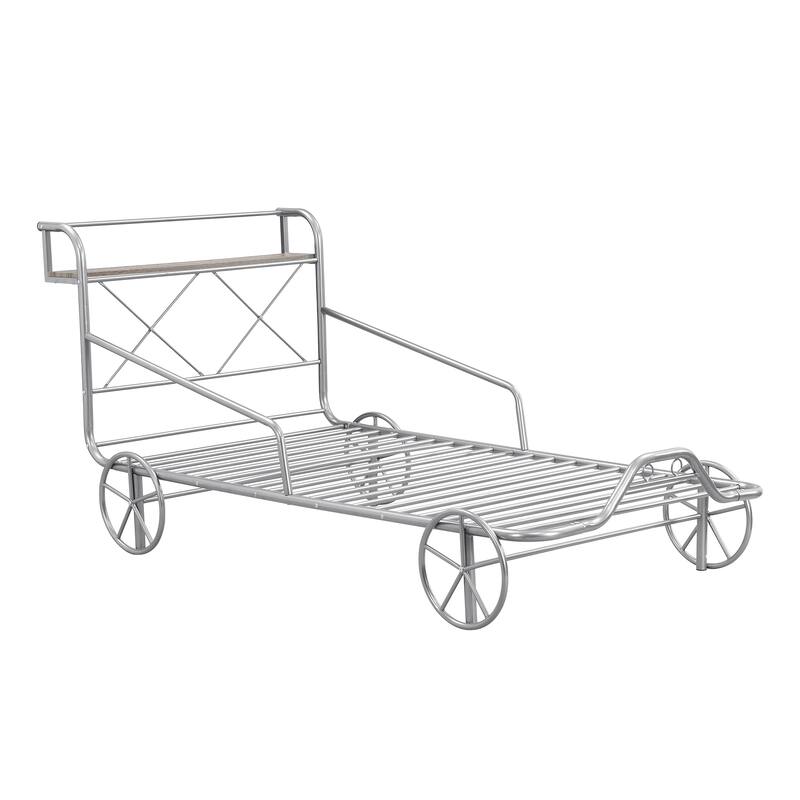 Twin Size Metal Car Bed with Four Wheels, Guardrails and XShaped Frame